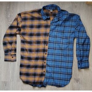 Womens Sz 6 Primark Colorblock Button Up Long Sleeve Shirt Plaid Brown‎ Blue **